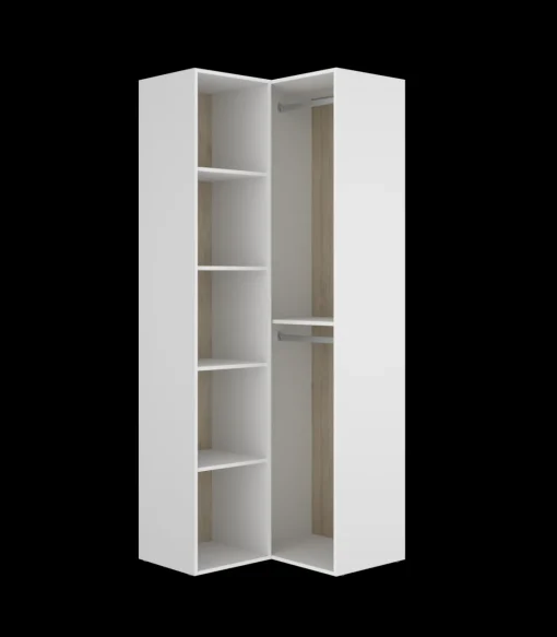 Vestidor de rincón Reus con estantes y trasera reversible en blanco/natural, 205cm(alto) 84.5cm(ancho) 84.5cm(fondo)