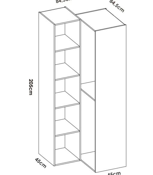 Vestidor de rincón Reus con estantes y trasera reversible en blanco/natural, 205cm(alto) 84.5cm(ancho) 84.5cm(fondo)