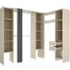 Vestidor de rincón Siles con cortina y cajones acabado natural, 205cm(alto) 234cm(ancho) 141cm(fondo)
