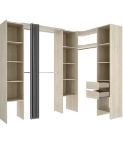 Vestidor de rincón Siles con cortina y cajones acabado natural, 205cm(alto) 234cm(ancho) 141cm(fondo)