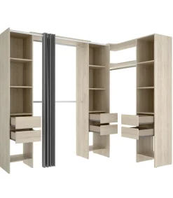 Vestidor de rincón Siles con cortina y 6 cajones acabado natural, 205cm(alto) 234cm(ancho) 141cm(fondo)