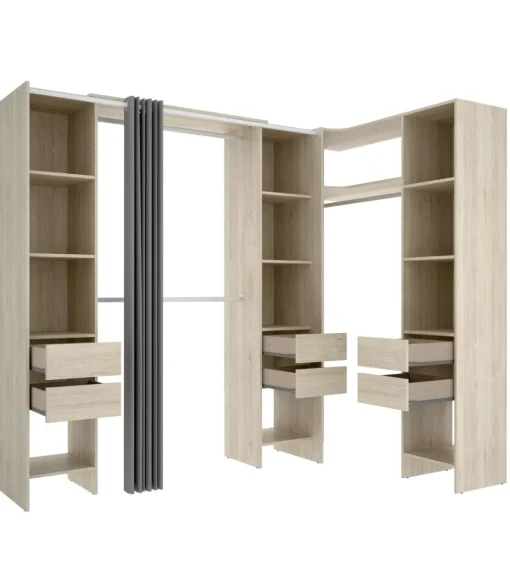 Vestidor de rincón Siles con cortina y 6 cajones acabado natural, 205cm(alto) 234cm(ancho) 141cm(fondo)