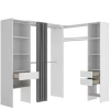 Vestidor de rincón Siles con cortina y cajones acabado blanco, 205cm(alto) 214cm(ancho) 141cm(fondo)