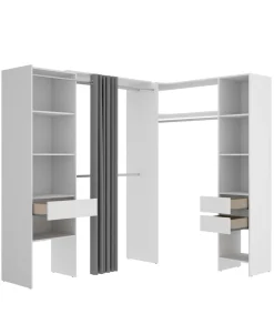 Vestidor de rincón Siles con cortina y cajones acabado blanco, 205cm(alto) 214cm(ancho) 141cm(fondo)