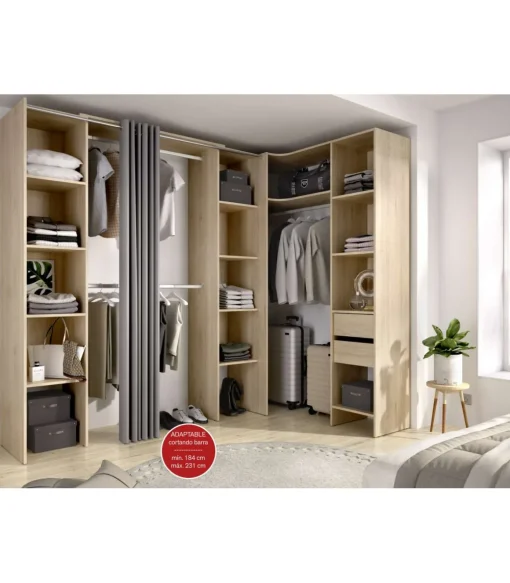 Vestidor de rincón Siles con cortina y cajones acabado natural, 205cm(alto) 234cm(ancho) 141cm(fondo)