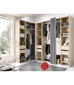 Vestidor de rincón Siles con cortina y 6 cajones acabado natural, 205cm(alto) 234cm(ancho) 141cm(fondo)
