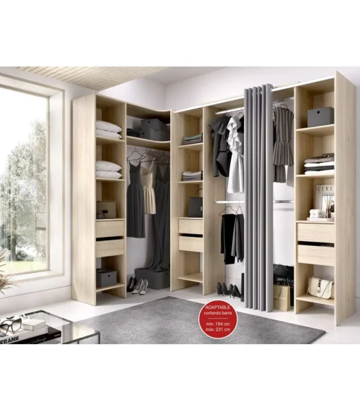 Vestidor de rincón Siles con cortina y 6 cajones acabado natural, 205cm(alto) 234cm(ancho) 141cm(fondo)