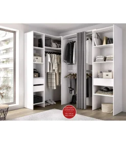 Vestidor de rincón Siles con cortina y cajones acabado blanco, 205cm(alto) 214cm(ancho) 141cm(fondo)