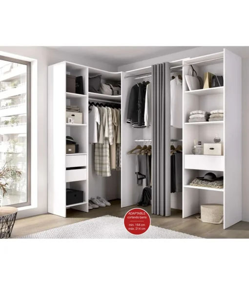 Vestidor de rincón Siles con cortina y cajones acabado blanco, 205cm(alto) 214cm(ancho) 141cm(fondo)