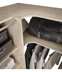 Vestidor de rincón Siles con cortina y cajones acabado natural, 205cm(alto) 234cm(ancho) 141cm(fondo)