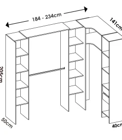 Vestidor de rincón Siles con cortina y cajones acabado natural, 205cm(alto) 234cm(ancho) 141cm(fondo)