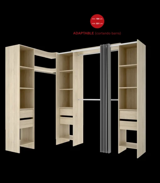 Vestidor de rincón Siles con cortina y 6 cajones acabado natural, 205cm(alto) 234cm(ancho) 141cm(fondo)