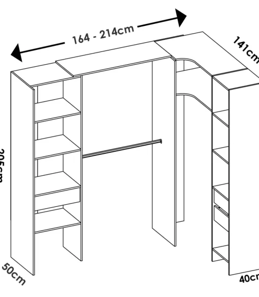 Vestidor de rincón Siles con cortina y cajones acabado blanco, 205cm(alto) 214cm(ancho) 141cm(fondo)