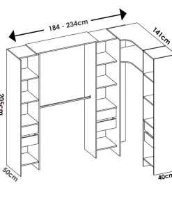Vestidor de rincón Siles con cortina y 6 cajones acabado natural, 205cm(alto) 234cm(ancho) 141cm(fondo)