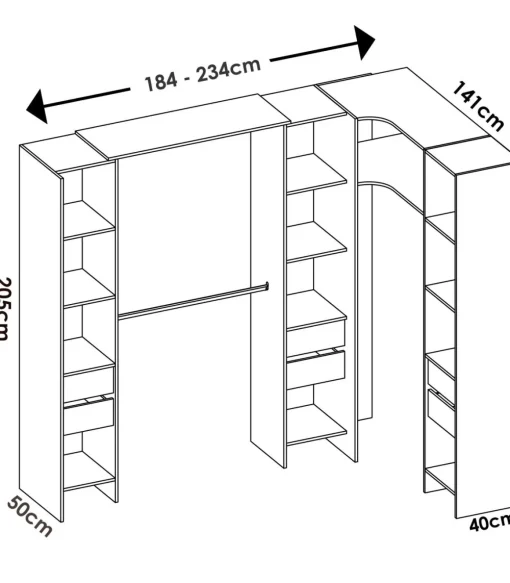 Vestidor de rincón Siles con cortina y 6 cajones acabado natural, 205cm(alto) 234cm(ancho) 141cm(fondo)