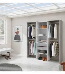 Vestidor para dormitorio con baldas y dos cajones acabado blanco artik/cemento, 202cm(alto) 179cm(ancho) 50cm(fondo)