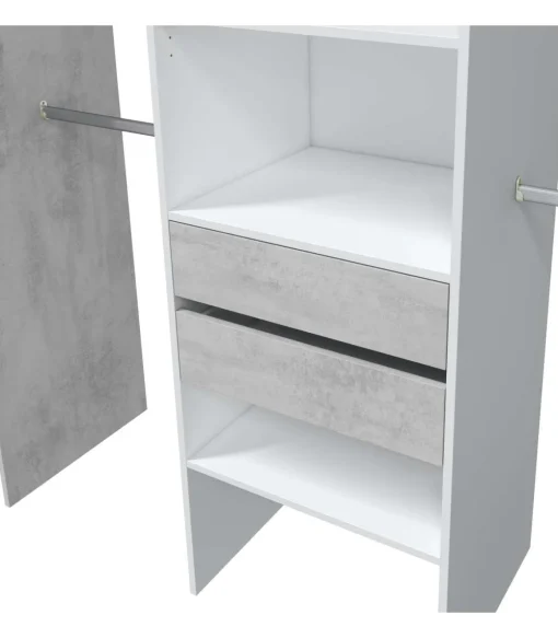 Vestidor para dormitorio con baldas y dos cajones acabado blanco artik/cemento, 202cm(alto) 179cm(ancho) 50cm(fondo)
