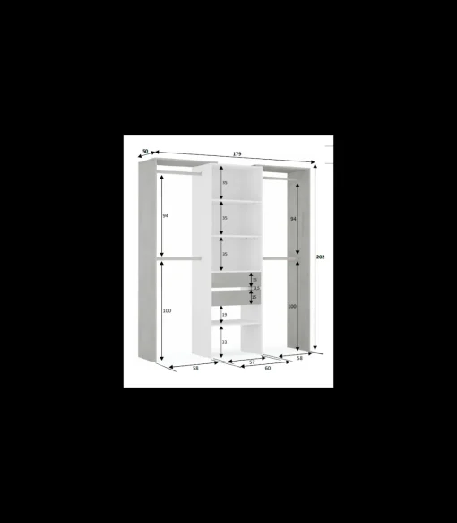 Vestidor para dormitorio con baldas y dos cajones acabado blanco artik/cemento, 202cm(alto) 179cm(ancho) 50cm(fondo)