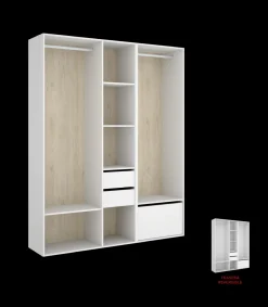 Vestidor Reus 2 cajones, zapatero y trasera reversible en blanco/natural, 205cm(alto) 158cm(ancho) 45cm(fondo)