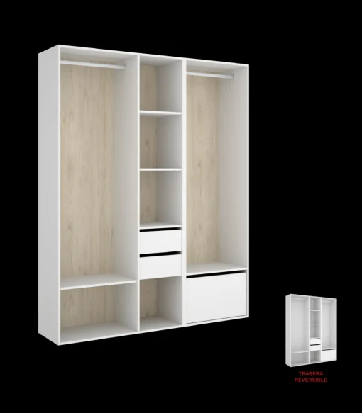 Vestidor Reus 2 cajones, zapatero y trasera reversible en blanco/natural, 205cm(alto) 158cm(ancho) 45cm(fondo)