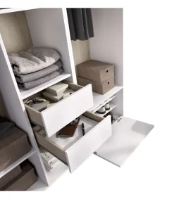 Vestidor Reus 2 cajones, zapatero y trasera reversible en blanco/natural, 205cm(alto) 158cm(ancho) 45cm(fondo)