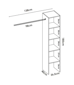 Vestidor Reus con estantes y barra de colgar en blanco, 185cm(alto) 138cm(ancho) 40cm(fondo)