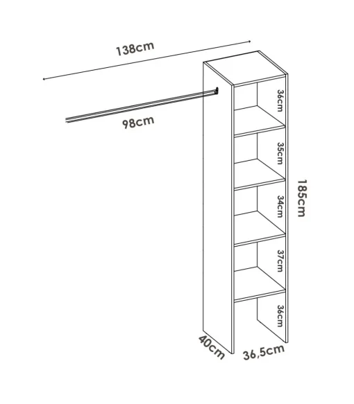 Vestidor Reus con estantes y barra de colgar en blanco, 185cm(alto) 138cm(ancho) 40cm(fondo)