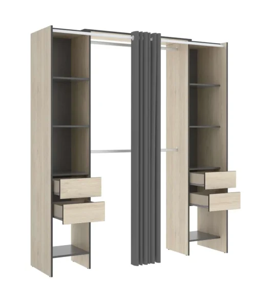 Vestidor Siles con cortina y baldas acabado natural/grafito 203 cm(alto)180 cm(ancho)50 cm(fondo)