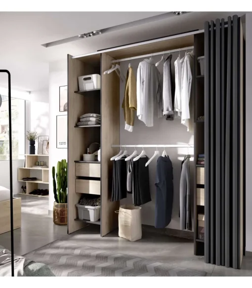 Vestidor Siles con cortina y baldas acabado natural/grafito 203 cm(alto)180 cm(ancho)50 cm(fondo)