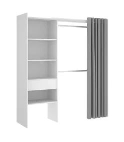 Vestidor Siles para dormitorio con cortina, 3 baldas y 1 cajon en color blanco 205 cm(alto)160 cm(ancho)50 cm(fondo)