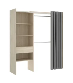 Vestidor Siles para dormitorio con cortina, 3 baldas y 1 cajon en roble natural 205 cm(alto)160 cm(ancho)50 cm(fondo)