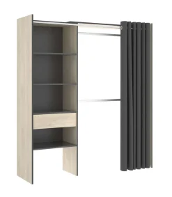 Vestidor Siles para dormitorio con cortina, 3 baldas y 1 cajon natural-grafito 205 cm(alto)160 cm(ancho)50 cm(fondo)