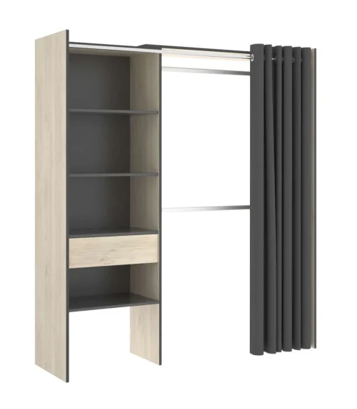 Vestidor Siles para dormitorio con cortina, 3 baldas y 1 cajon natural-grafito 205 cm(alto)160 cm(ancho)50 cm(fondo)