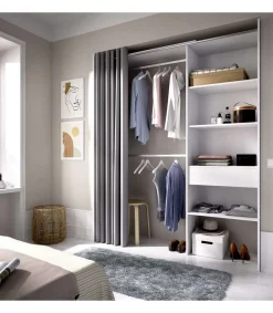 Vestidor Siles para dormitorio con cortina, 3 baldas y 1 cajon en color blanco 205 cm(alto)160 cm(ancho)50 cm(fondo)