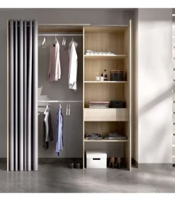 Vestidor Siles para dormitorio con cortina, 3 baldas y 1 cajon en roble natural 205 cm(alto)160 cm(ancho)50 cm(fondo)