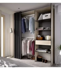 Vestidor Siles para dormitorio con cortina, 3 baldas y 1 cajon natural-grafito 205 cm(alto)160 cm(ancho)50 cm(fondo)