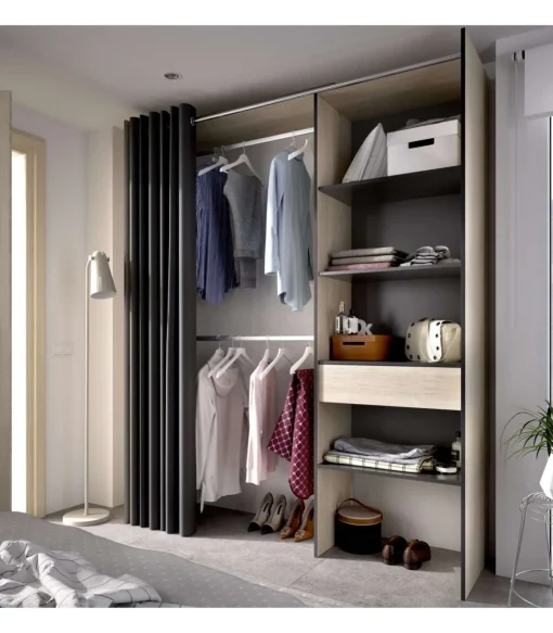 Vestidor Siles para dormitorio con cortina, 3 baldas y 1 cajon natural-grafito 205 cm(alto)160 cm(ancho)50 cm(fondo)