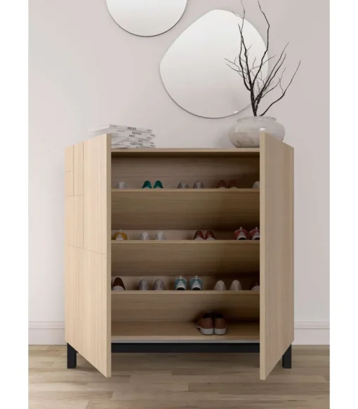 Zapatero 2 puertas modelo 513 acabado nogal oscuro patas negras, 90x90x27 (alto x ancho x fondo)