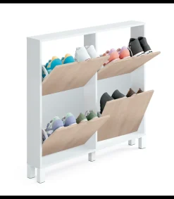 Zapatero 4 trampones Kay en blanco brillo y roble aurora. 97 cm(ancho) 98 cm(altura) 17 cm(fondo)