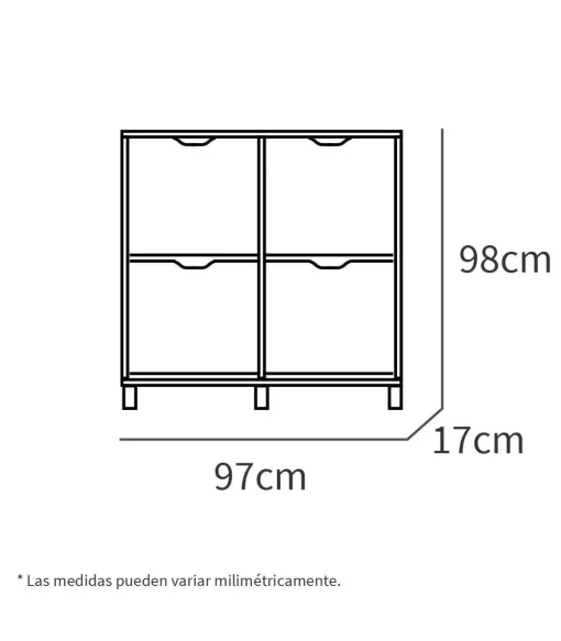Zapatero 4 trampones Kay en blanco brillo y roble aurora. 97 cm(ancho) 98 cm(altura) 17 cm(fondo)